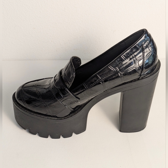 MDE PLATFORM LOAFER WOMENS US 9 EU 40 BLACK FAUX CROCODILE Chunky HEELS Loafers - Picture 4 of 9